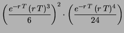 $\displaystyle \left(e^{-r\,T}\right)^{56}\cdot
\left(e^{-r\,T}\,(r\,T)\right)^{32}\cdot
\left(\frac{e^{-r\,T}\,(r\,T)^2}{2}\right)^{9} \cdot$