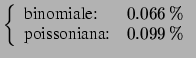 $\displaystyle \left\{\begin{array}{ll} \mbox{binomiale:} & 0.066\,\% \\
\mbox{poissoniana:} & 0.099\,\%
\end{array}\right.$
