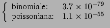 $\displaystyle \left\{\begin{array}{ll} \mbox{binomiale:} & 3.7\times 10^{-79} \\
\mbox{poissoniana:} & 1.1\times 10^{-55}
\end{array}\right.$