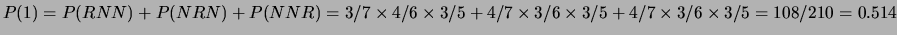$ P(0) = 4/7 \times 3/6 \times 2/5 = 24/210 =0.114$