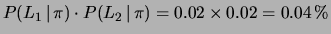 $\displaystyle P(L_1\,\vert\,\pi)\cdot P(L_2\,\vert\,\pi) =
0.02\times 0.02 = 0.04\,\%$