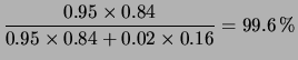 $\displaystyle \frac{0.95\times 0.84}{0.95\times 0.84 + 0.02\times 0.16}
=99.6\,\%$